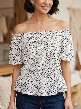 Women’s Off-Shoulder White Blouse with Black Speckle Print